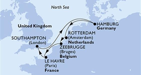 Belgie, Francie, Velká Británie, Německo, Nizozemsko ze Zeebrugge na lodi MSC Euribia